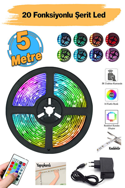 Badem10 Uzaktan Kumandalı Şerit Ledli Lamba 5 Metre 20 Fonksiyonlu Işıldak Ay...