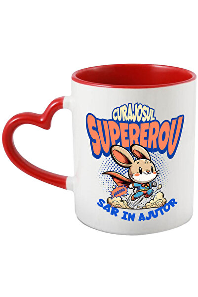 StoryGift Romania Cana Cu Iepure In Costum De Super Erou Cu Pelerina Rosie Text Curajosul Sar In A, Cu Maner Inim Stg