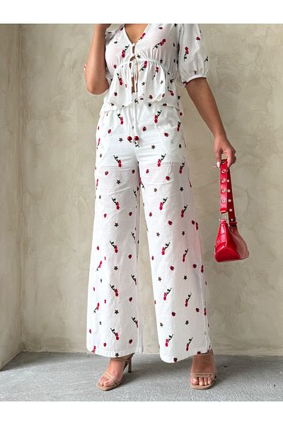 Miss Allos Women's Floral Patterned Linen Trousers with Tie Front