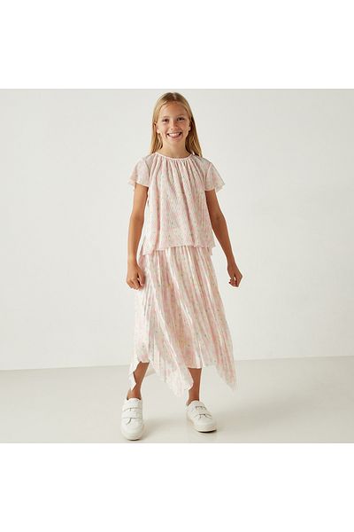Juniors All-Over Ribbed Top and Asymmetric Skirt Set