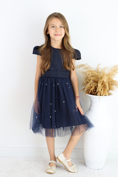 FESSHERA 🌟 İnci İşlemeli Tül Etekli Jakarlı Kumaş Fiyonklu Kız Çocuk Abiye Elbise 🌟