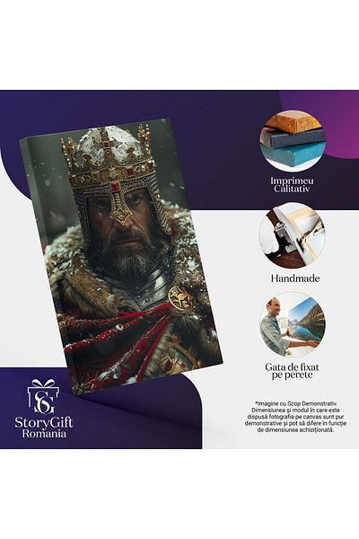 StoryGift Romania Tablou Canvas: Rege Cu Armură Și Coroană Din Pietre Prețioase, Gata De Luptă- Istorie Și Timpu