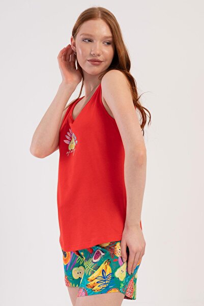 VİENETTA Costum de pijama cu bretele late pentru femei cu pantaloni scurți cu flori de rodie C8T3N2O904