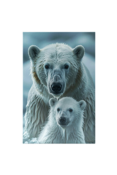 StoryGift Romania Tablou Canvas: Puiul Urs Si Mamica Lui Cu Privire Serioasa Si Ochii Negri Fac Baie In Apa Cu G