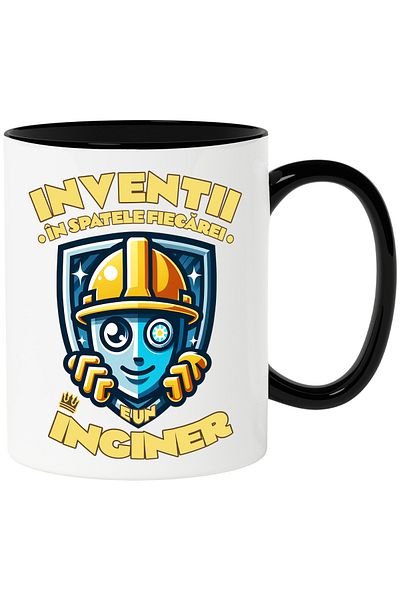 StoryGift Romania Cana Om Cu Casca De Protectie Text In Spatele Fiecarei Inventii, E Un Inginer, 3, Cu Maner Negru Stg