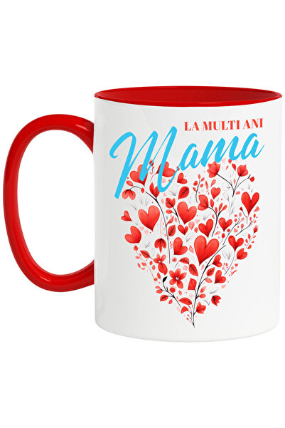 StoryGift Romania Cana Cu Inima In Forma De Flori Text La Multi Ani Mama, Ziua Mamei, Ceramica, 3, Cu Maner Rosu Stg