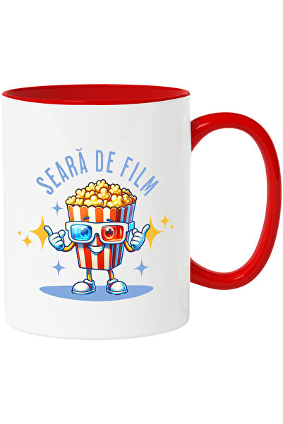 StoryGift Romania Cana Seara De Film,popcord Cu Ochelari 3d , 330ml, Ceramic Cu Maner Rosu, Cu Maner Rosu Stg
