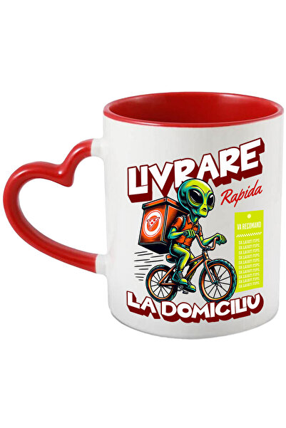 StoryGift Romania Cana Cu Extraterestru Curier Cu Bicicleta Si Cutii De Pizza...