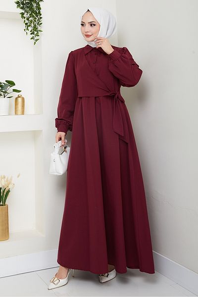 Bestenur Reyel Cross Tie Dress 1464 - Burgundy