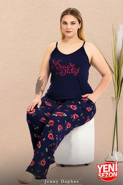 Jenny Daphne Lady Plus Size Navy Blue Floral Patterned Sleepwear Thin Sling Top Pajamas Set 11019