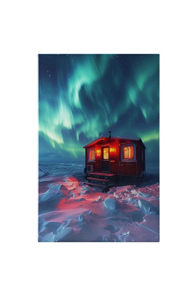 StoryGift Romania Tablou Canvas: Căbănuță Încălzită În Mijlocul Zăpezilor - Aurora Boreală Ce Pictează Fundalul