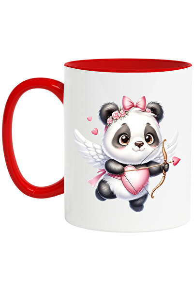 StoryGift Romania Cana Cu Un Ursulet Panda Cupidon Care Trage Cu Arcul | Ilustratie | Inimioare | , Cu Maner Rosu Stg