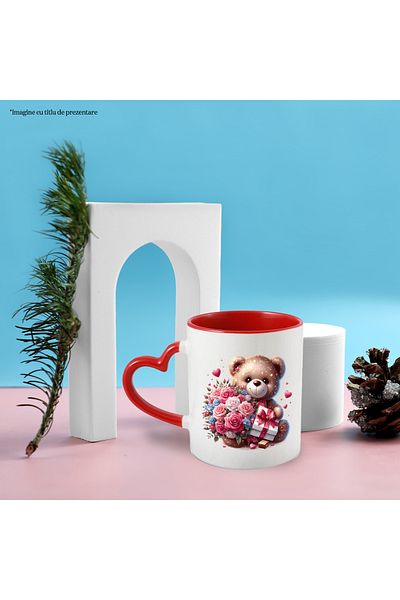 StoryGift Romania Mug with a teddy bear holding a bouquet of roses and a gift | box | illustrated, With ,STG.