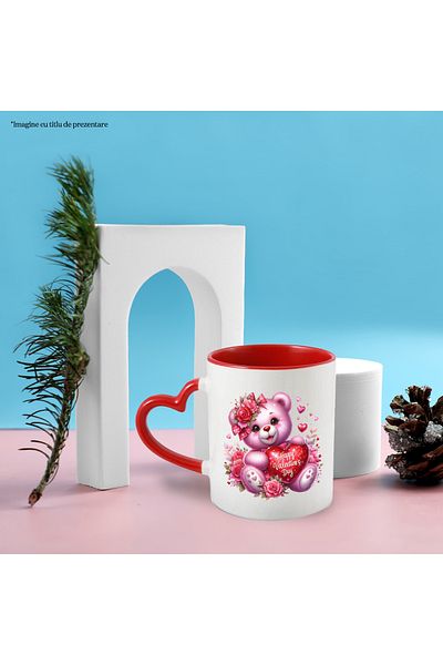 StoryGift Romania Mug with a cheerful teddy bear | illustration | holding a heart with the message "Happy, With, STG"