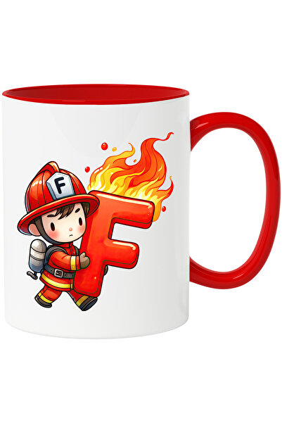 StoryGift Romania Cana cu un pompier care tine litera "F" in flacari | scoala | alfabet | abecedar, Cu Maner Rosu STG