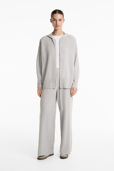 Oysho Long hooded knit jacket with rib detail