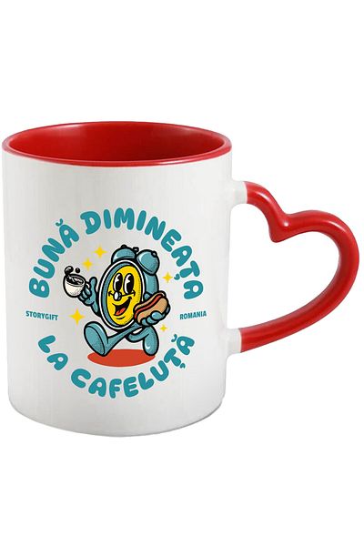 StoryGift Romania Cana Cu Ceas Mecanic Cu Cafea Si Hot-dog Buna Dimineata La Cafeluta, Ceramica, 3, Cu Maner Inim Stg