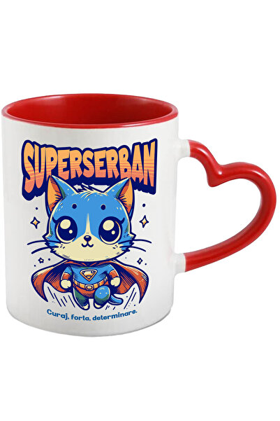 StoryGift Romania Cana Super Serban, Supererou, Pisica Zburand, 330ml, Ceramica Cu Maner Inima Ros, Cu Maner Inim Stg