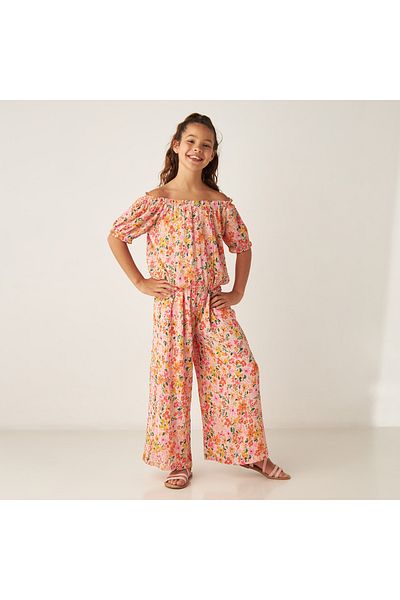 Juniors All-Over Floral Print Off Shoulder Top and Pants Set