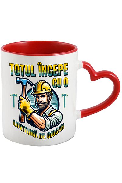 StoryGift Romania Cana Barbat Constructor Totul Începe Cu O Lovitura De Ciocan, 330ml, Ceramica Cu, Cu Maner Inim Stg