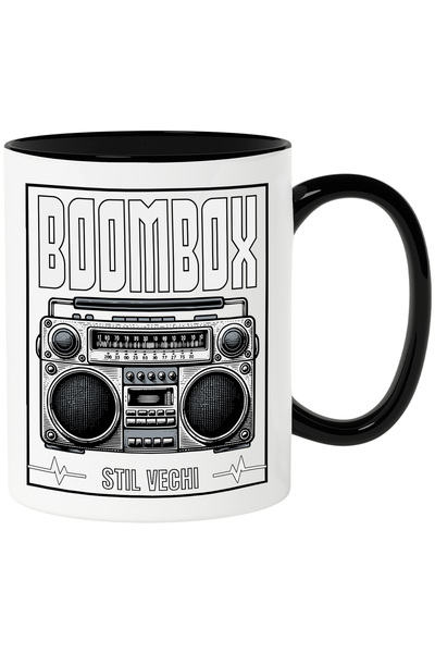 StoryGift Romania Cana Casetofin Vintige Text Boombox. Stil Vechi, 330ml, Ceramica Cu Maner Negru, Cu Maner Negru Stg