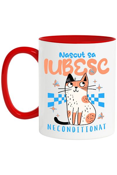 StoryGift Romania Cana Cu Pisica Portocalie Text Nascut Sa Iubesc Neconditionat, Pisici Si Motani,, Cu Maner Rosu Stg