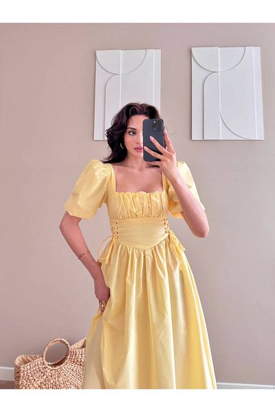LOCH BUTİK Rochie midi cu corset cu decolteu în U, cu talie galbenă, cu ochi de pasăre