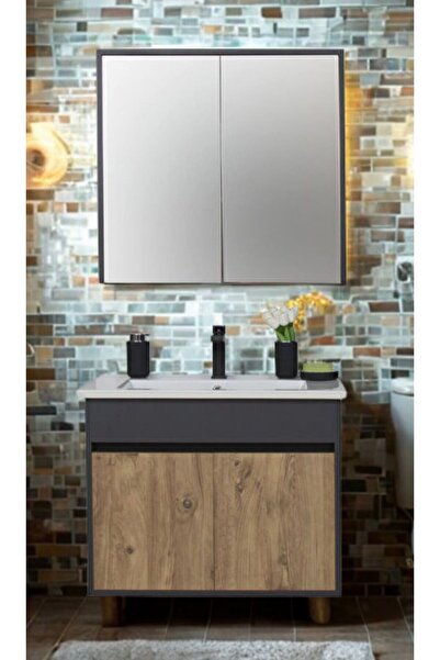 Sözcan Group Aras Banyo Dolabı Takımı Antrasit/atlantik Çam 65 Cm Üstmodül (65X75)cm Alt Modül(65X70) Cm