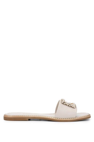 Tamer Tanca Women's Genuine Leather Off-White Flat Slippers