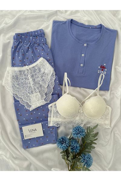 Lena Homewears Set de pijamale cu mânecă scurtă cu model de stea pentru femei, cu lenjerie