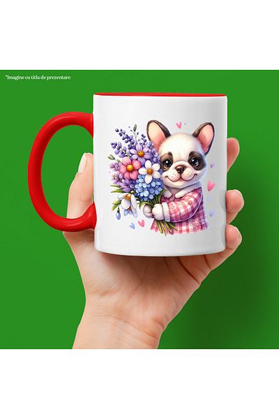 StoryGift Romania Mug with a happy puppy holding a bouquet of flowers | illustration | but for , With ,STG .