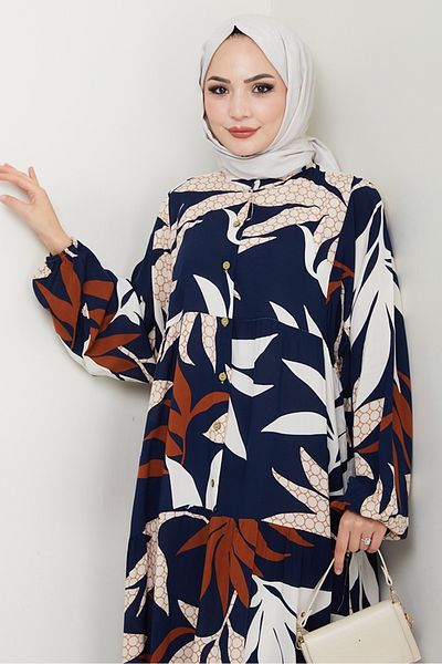 Bestenur Reza Φόρεμα με μισό κουμπί υφαντό βισκόζη 1472 - Navy Blue