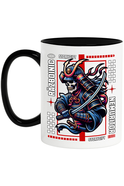 StoryGift Romania Cana Schelete Cu Armura De Samurairăzboinic Nemuritor, 330ml, Ceramica Cu Maner , Cu Maner Negru Stg