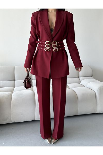 MYGİYİMİSTANBUL Gold Belt Detailed Blazer Jacket Pants Suit