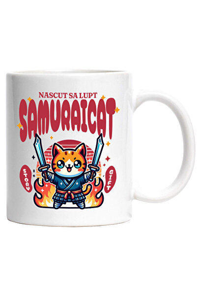 StoryGift Romania Cana Cu Pisica Portocalie Cu Costum Samurai Sabii Ninja Text Nascut Sa Lupt Samu, Cu Maner Alb Stg