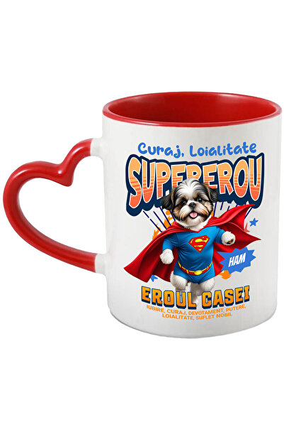 StoryGift Romania Cana Cu Shih Tzu Caine In Costum De Superman Cu Pelerina, Erou Nocturn, Desene A, Cu Maner Inim Stg