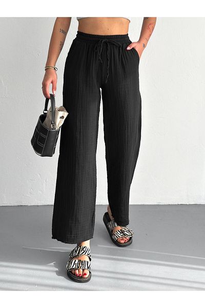 Polo State Women's Black High Waist Wide Leg Muslin Pants