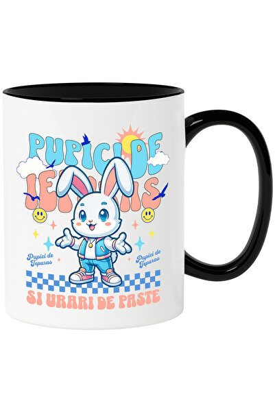 StoryGift Romania Cana Cu Iepure Alb Cu Urechi Lungi Imbracaminte Moderna Text Pupici De Iepuras S, Cu Maner Negru Stg