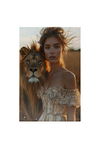 StoryGift Romania Tablou Canvas The Special Girl In Rochie Eleganta Cu Umerii Goi Sprijinita De Fermecatorul Leu