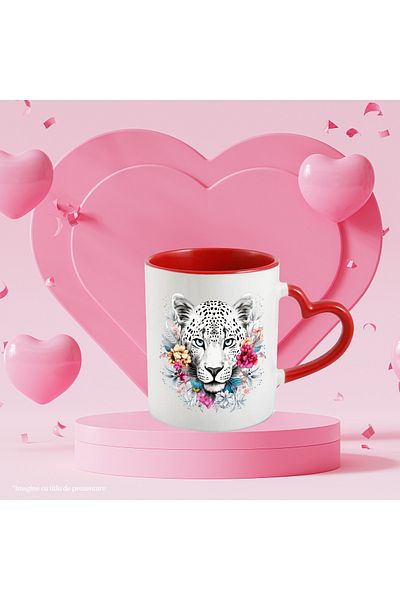 StoryGift Romania Mug with a white tiger | illustration | abstract | endangered | flowers | n, With Heart Handle