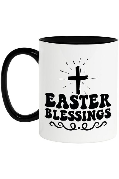 StoryGift Romania Cana Cu O Cruce Si Textul In Engleza "easter Blessings" - Binecuvantari De Paste, Cu Maner Negru Stg