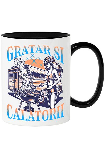 StoryGift Romania Cana Cu Fata Costum De Baie Gratar Cu Rulota Text Gratar Si Calatorii, Relaxare , Cu Maner Negru Stg