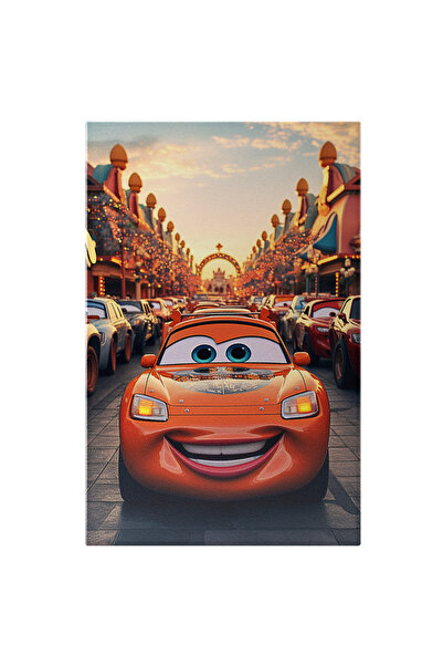 StoryGift Romania Tablou Canvas: Fulger Mcqueen Cu Farurile Aprinse Si Sticker Pe Capota Pe Strada Plina De Masi