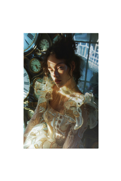 StoryGift Romania Tablou Canvas: Chip De Fată Lumimat De Razele Soarelui În Rochie Și Ceasuri Pe Fundal- Portret