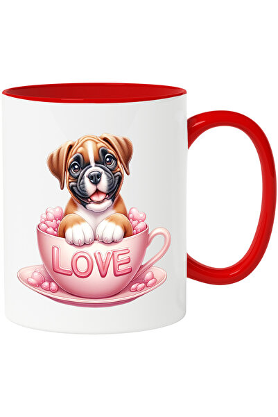 StoryGift Romania Cana Cu Un Catelus Vesel Care Sta Intr-o Ceasca | Ilustratie | Mesajul "love" | , Cu Maner Rosu Stg