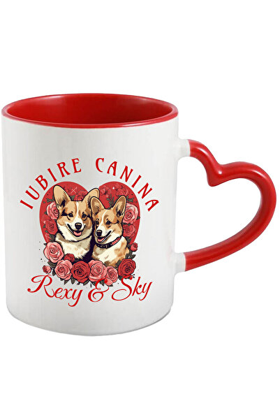 StoryGift Romania Cana Cu Portret Cuplu Valentine's Day Caini Cu Flori Trandafiri Rosii Rexy & Sky, Cu Maner Inim Stg