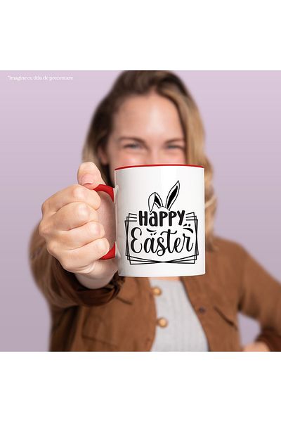 StoryGift Romania Mug with rabbit ears and the text "Happy Easter!" - greeting with Red Handle, With R Handle