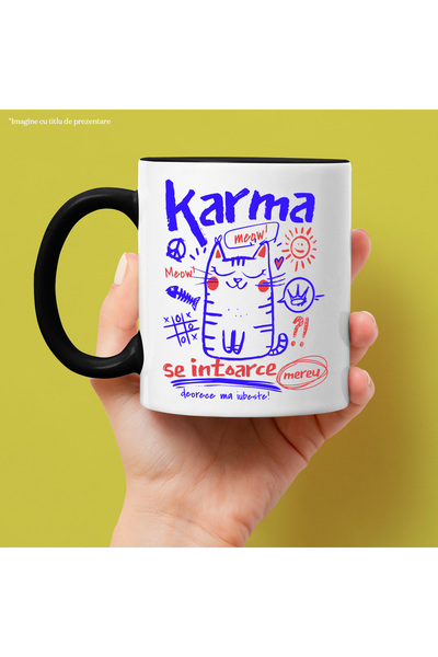 StoryGift Romania Cat Mug-Karma Always Returns, 330ml, Ceramic with Black Handle, With Black Handle S,STG