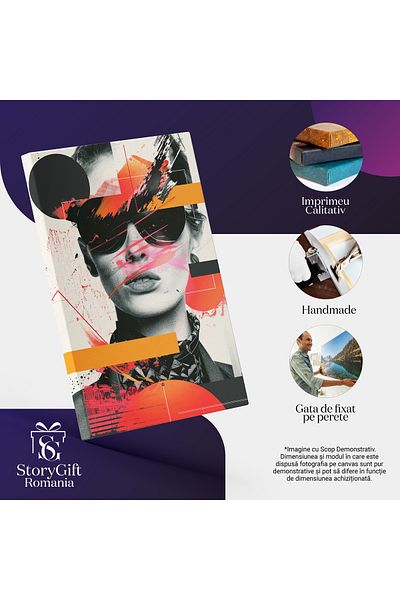 StoryGift Romania Tablou Canvas Figura Feminina Cu Ochelari Si Cercei Acoperita De Petele De Culoare In Bluza Si