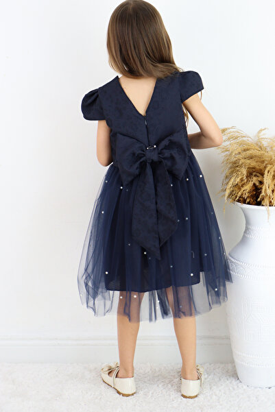 FESSHERA 🌟 İnci İşlemeli Tül Etekli Jakarlı Kumaş Fiyonklu Kız Çocuk Abiye Elbise 🌟